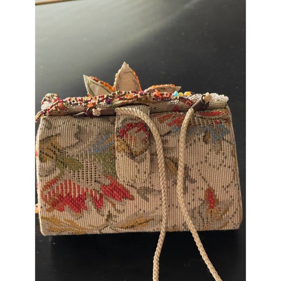 Tapestry Handbag Elegantly Beaded in Multicolors With Applied Vinyl Flower - Picture 7 of 10